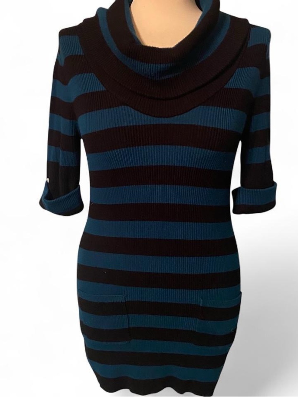 INC International Concepts Teal and Black Striped Cowl Neck Sweater Dress